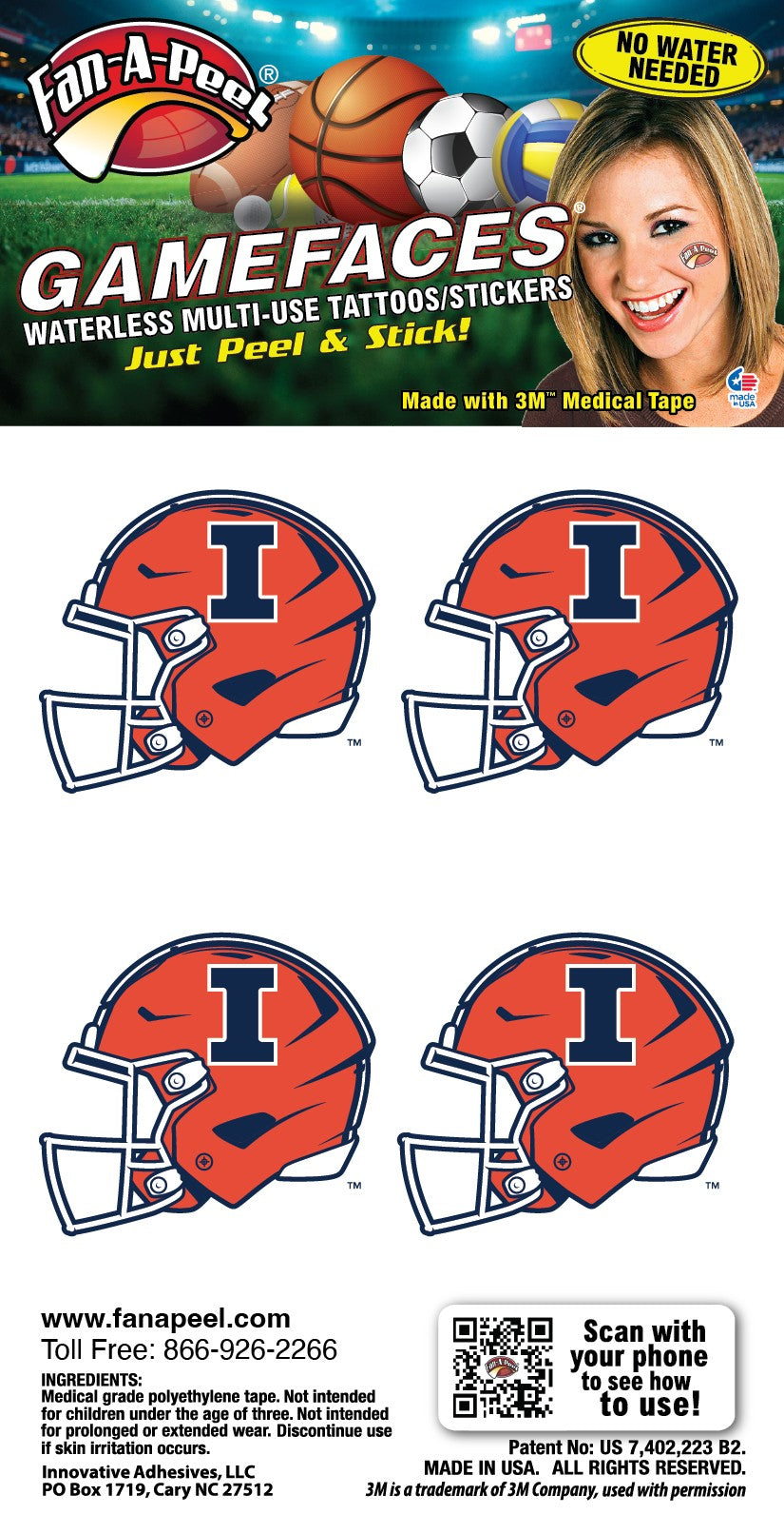 Illinois Fighting Illini 4-Pack Helmet Face Decals