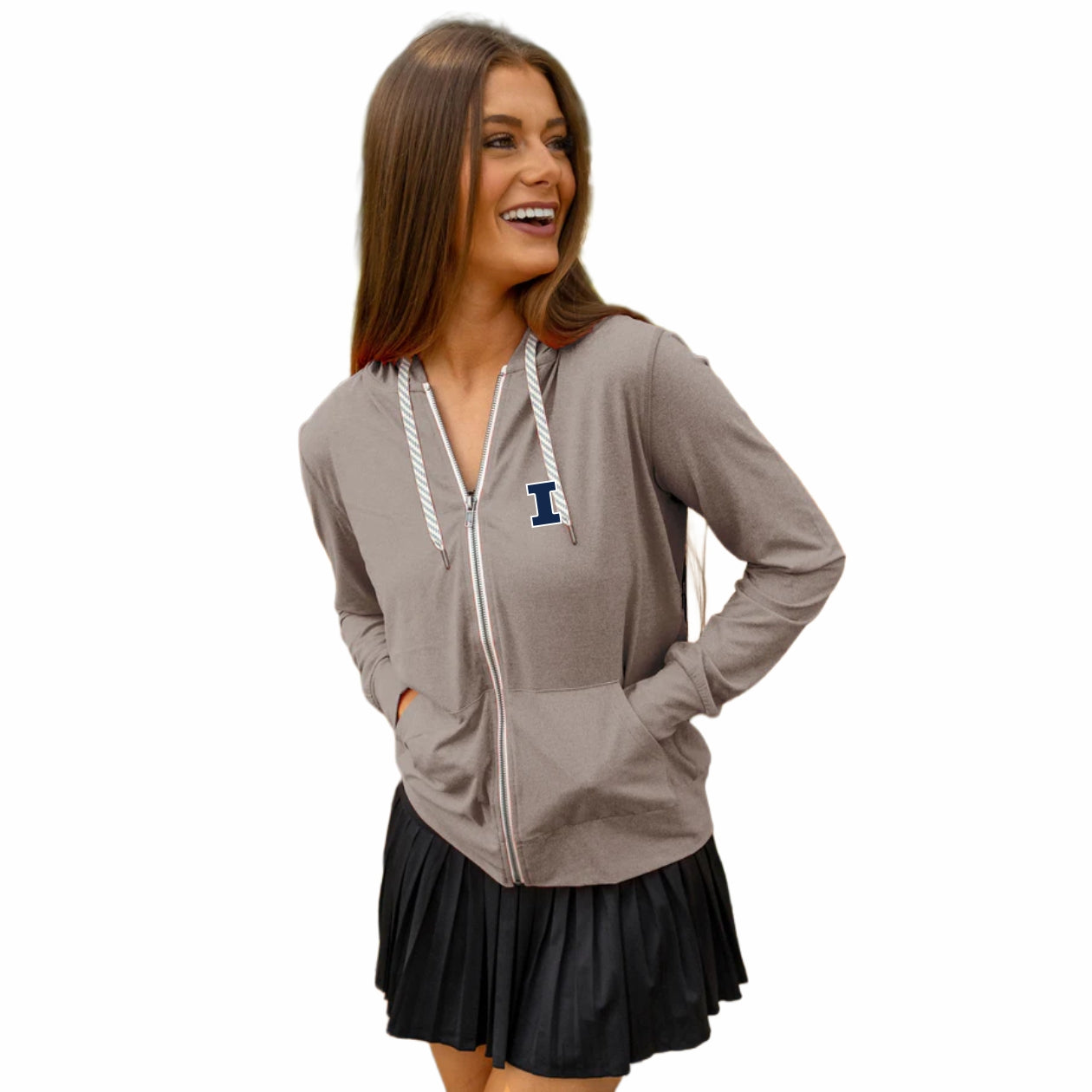Illinois Hoodie Women's Lightweight Full-Zip Brown Block I