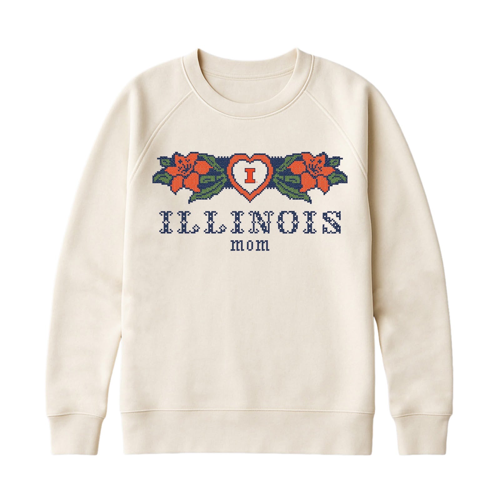 Illinois Mom Sweatshirt Tan Cross Stitch Heart Crewneck