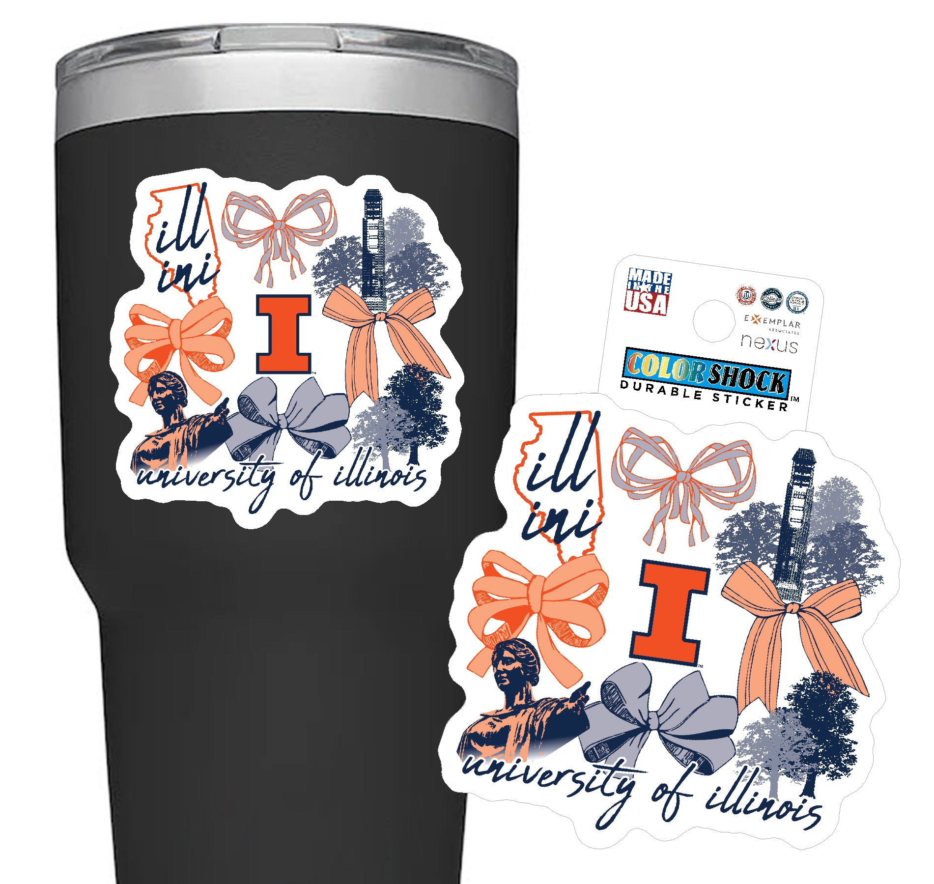 Illinois Sticker Campus Icons Bows Script