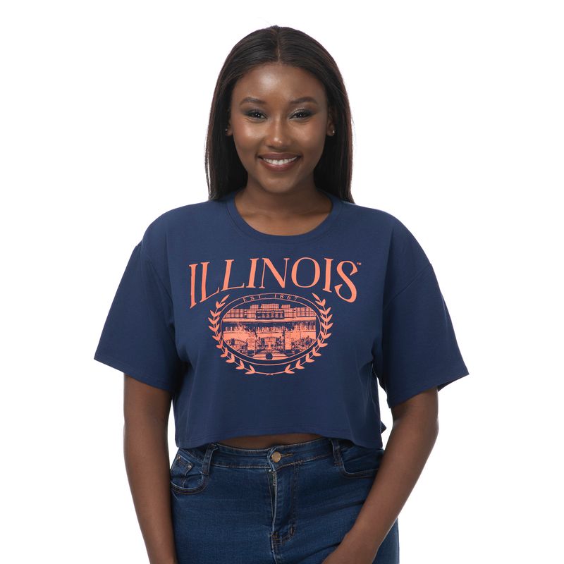 Illinois Fighting Illini Women's Boxy Crop Tee with Memorial Stadium Graphic
