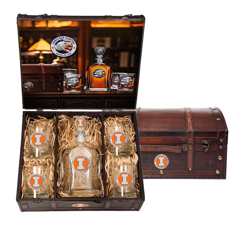 Illinois Capitol Decanter Chest set 4 Rocks Glasses