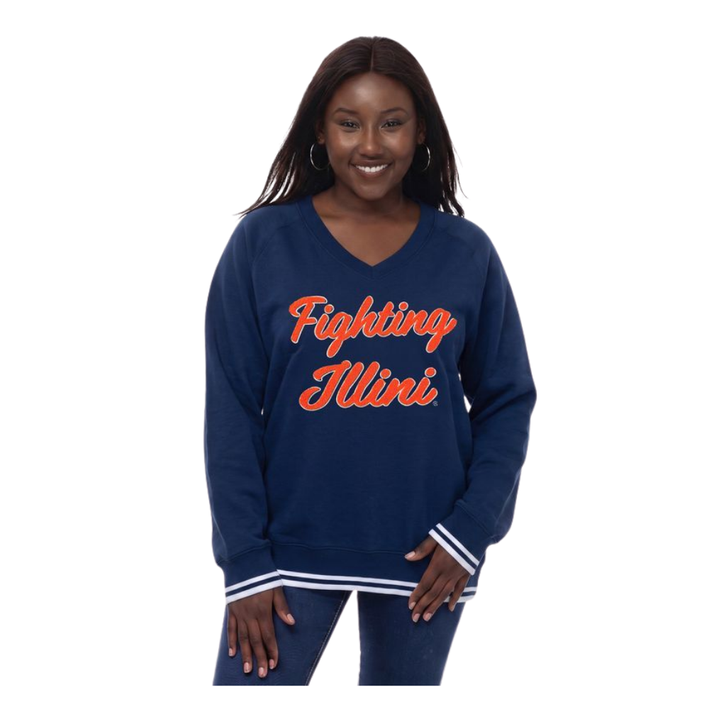 Fighting Illini Women's Zoozatz Navy Chenille V-Neck Sweatshirt