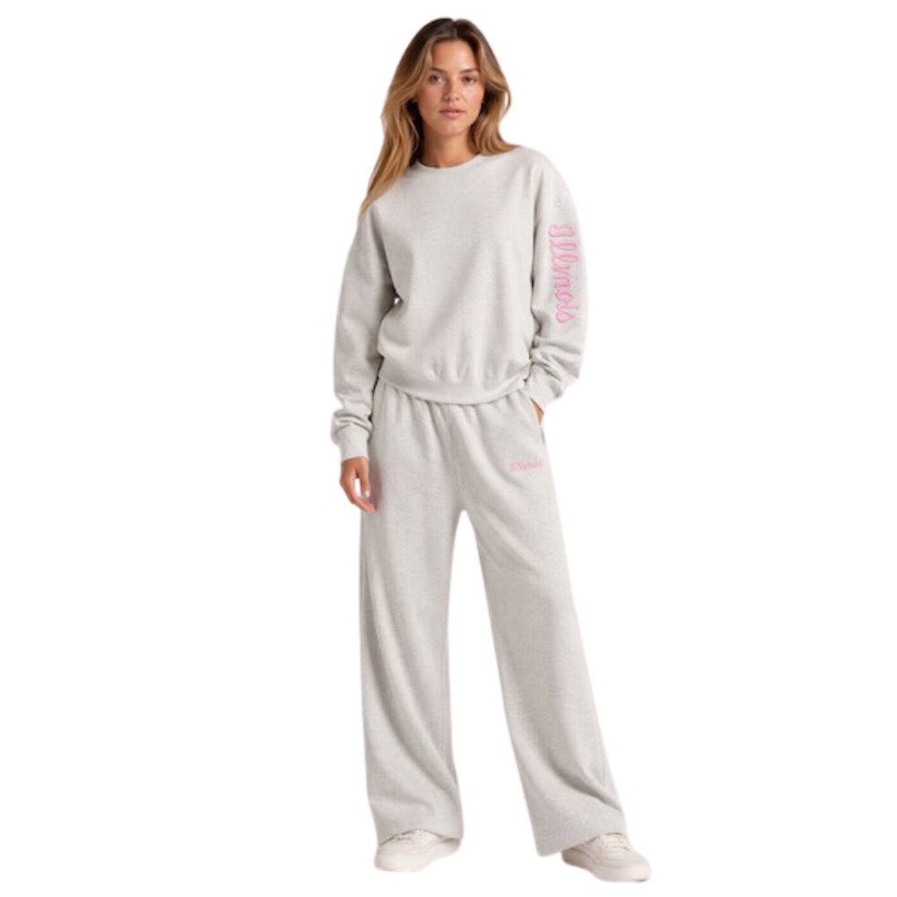 Fighting Illini Women's Script Applique Sleeve Grey Crewneck