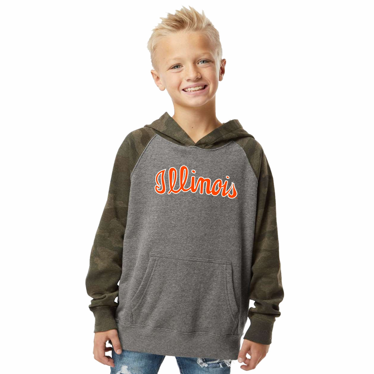 Illinois Kids Hoodie Grey/Camo Script