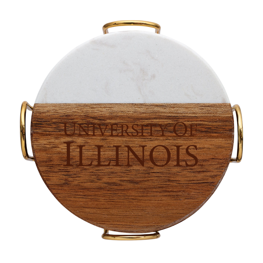 Fighting Illini Marble & Acacia Wood 4-Pack Coasters